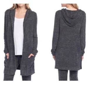 Barefoot Dreams Grey Cozychic ultra Lite Open Front hooded long Cardigan Small